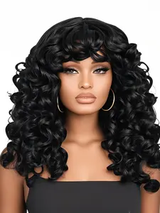 Long Curly Hair Wigs for Women, Gorgeous Curly Wig with Bangs, Premium Synthetic Full Machine Wigs for Party, Daily Use
