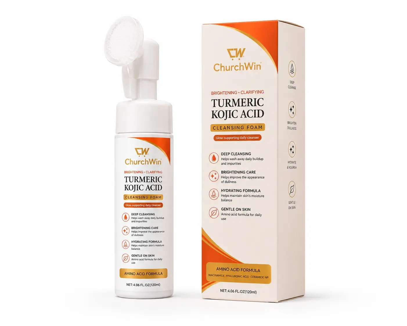 ChurchWin Turmeric Kojic Acid Gentle Foaming Cleansing Foam 120ml | Hydrating Deep Cleansing Face Wash with Niacinamide, Hyaluronic Acid, Ceramide NP | Moisture-Boosting Daily Facial Cleanser for All Skin Types