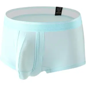 Mens Bulge Enhancing Trunks Underwear Ice Silk Boxer Briefs with Pouch for Balls Menswear  mens underwear Beige Plain