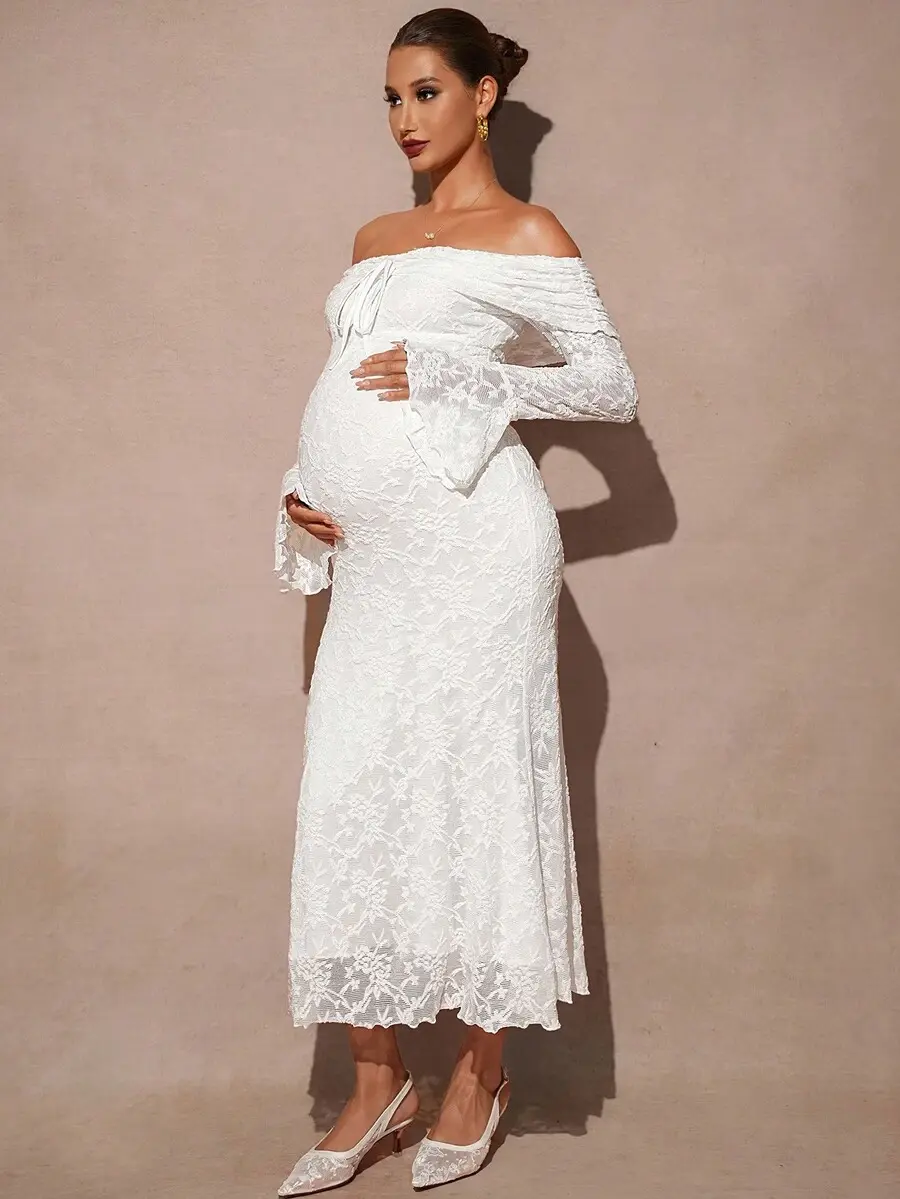 LUNA LAYER Womens Maternity White Lace Off Shoulder Flare Sleeve Long Bodycon Dress