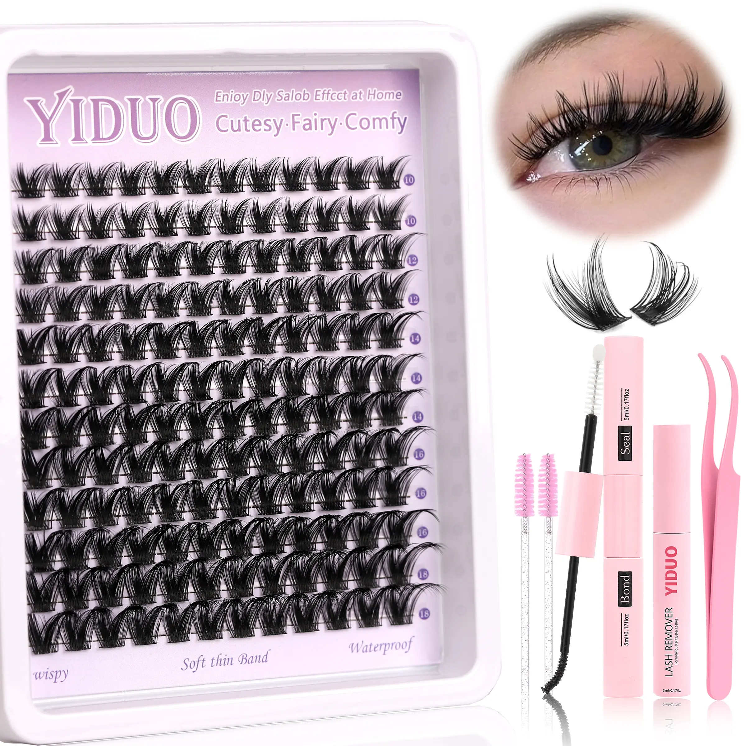Lash Cluster Set, DIY Lash Cluster, Lightweight Lash Growth Kit, 144 Pieces, 10-18mm Natural Lash Growth, Thin Band, Individual Lashes, Includes Adhesive & Remover