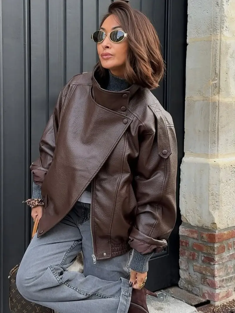 ジャケット・アウター T/SEHNE ASYMMETRIC LEATHER JACKET asymmetric-epaulet-leather-
