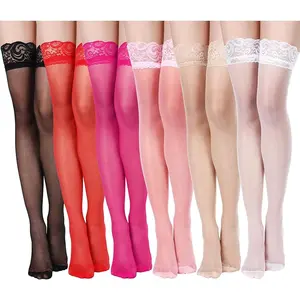 6 Pairs Women's Lace Thigh High Stockings over The Knee Sheer with Lace Top for Womenswear Sock