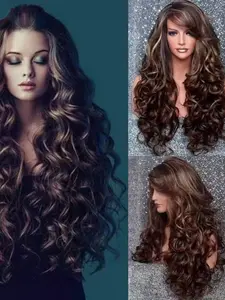 26 Inch Gradient Side Bangs Big Curl Wigs for Women, Loose Wave Wigs, Synthetic Wavy Wig, Realistic High-Temperature Fiber Synthetic Hairpiece, Elegant and Natural Look