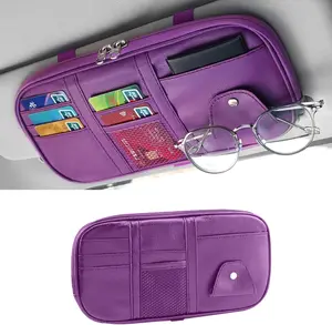 Sun Visor Organizer, Multi-Pocket PU Leather Sunglass Holder and Storage Pocket with Net Zipper, Card Sleeve Pocket Organizer, Auto Interior Accessories for , , SUV (Purple)