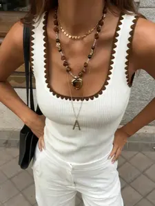 Summer French Colorblock Crochet U-Neck Sleeveless Womenswear Tank Top, Slim Fit Knit Vest, Vintage Gentle Casual Style, Suitable for Daily Commute, Dates, Picnics