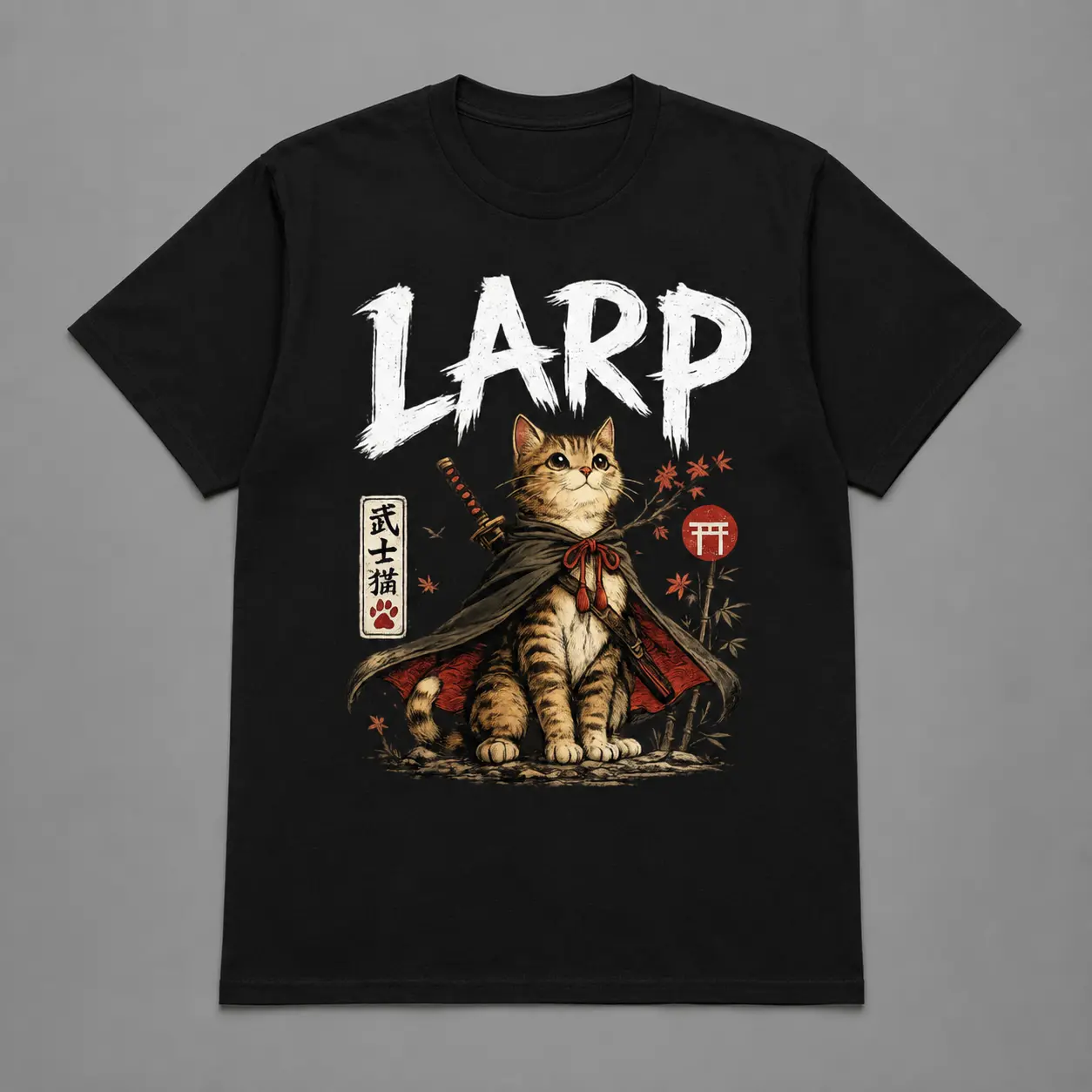 LARP Cat Samurai Graphic T-Shirt | Cute Japanese Fantasy RPG Gamer Tee | Unisex Gildan 64000