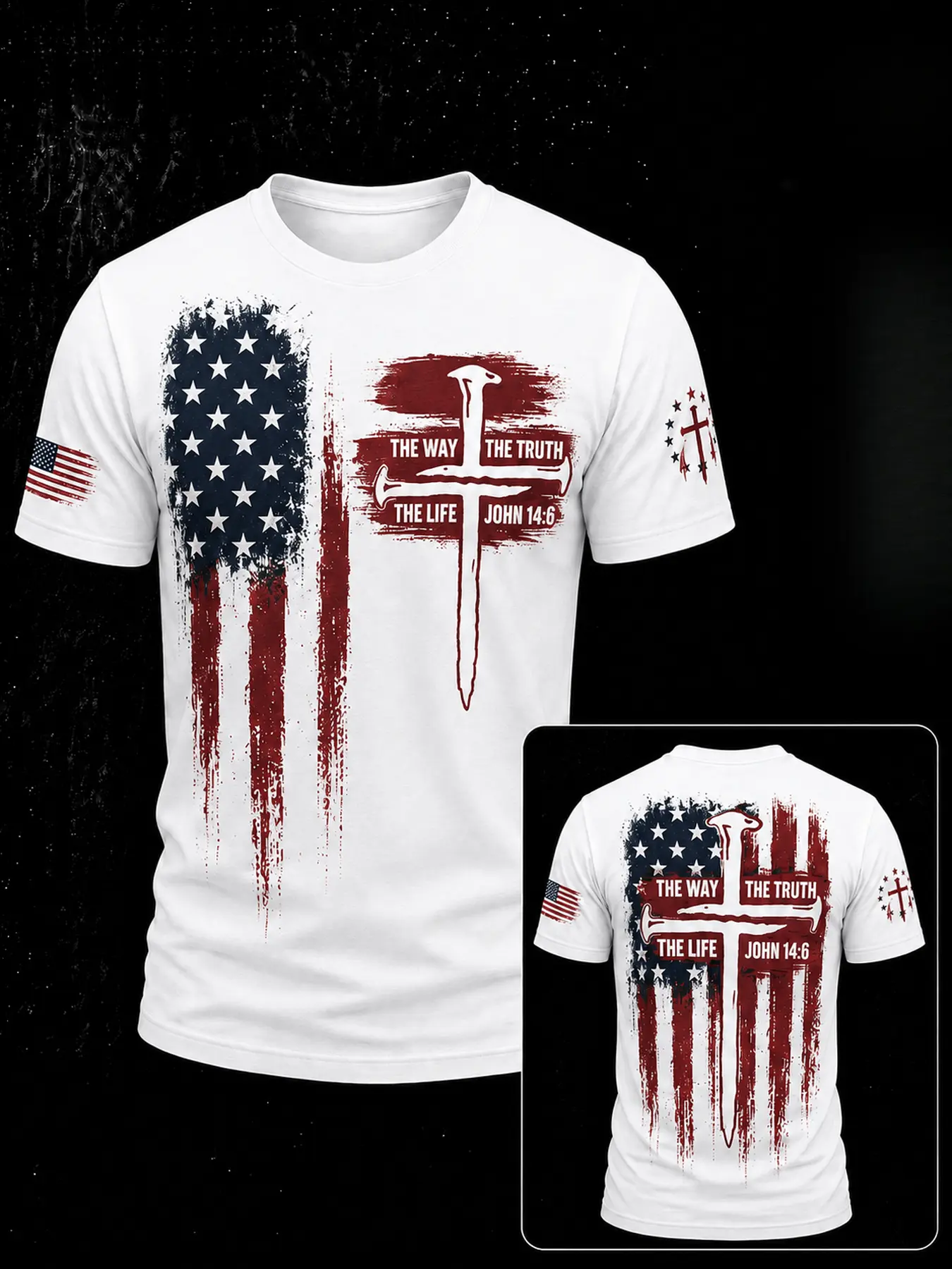Star Stripe Cross Scripture Text Print Vintage Street Faith Style Men's Fashion Short Sleeve T-Shirt, Slim Fit Crew Neck Summer Casual Outdoor Party Daily Top