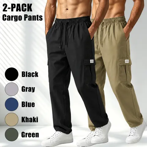 Men’s elastic-waist casual straight cargo pants; drawstring loose straight casual long pants; multi-pocket wear-resistant cargo-style trousers; men’s everyday commuting and outdoor hiking sports long pants; comfortable, breathable, versatile straight wide