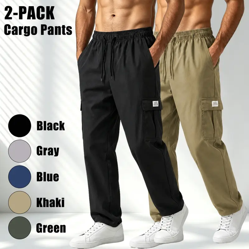 Men’s elastic-waist casual straight cargo pants; drawstring loose straight casual long pants; multi-pocket wear-resistant cargo-style trousers; men’s everyday commuting and outdoor hiking sports long pants; comfortable, breathable, versatile straight wide