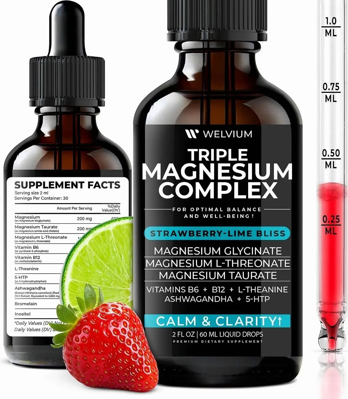 Triple Magnesium Complex Liquid Drops - High Absorption Magnesium Glycinate Supplement, L-Threonate, Taurate 500mg - Ashwagandha, L-Theanine, 5-HTP, Vitamins B6, B12 for Mineral Balance