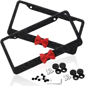 2 Pack License Plate Frame With Bow Tie  Luxury Black Glass Crystal Rhinestone Bling Stainless Sparkly Bedazzled Frames For Women Cute Anti Screw