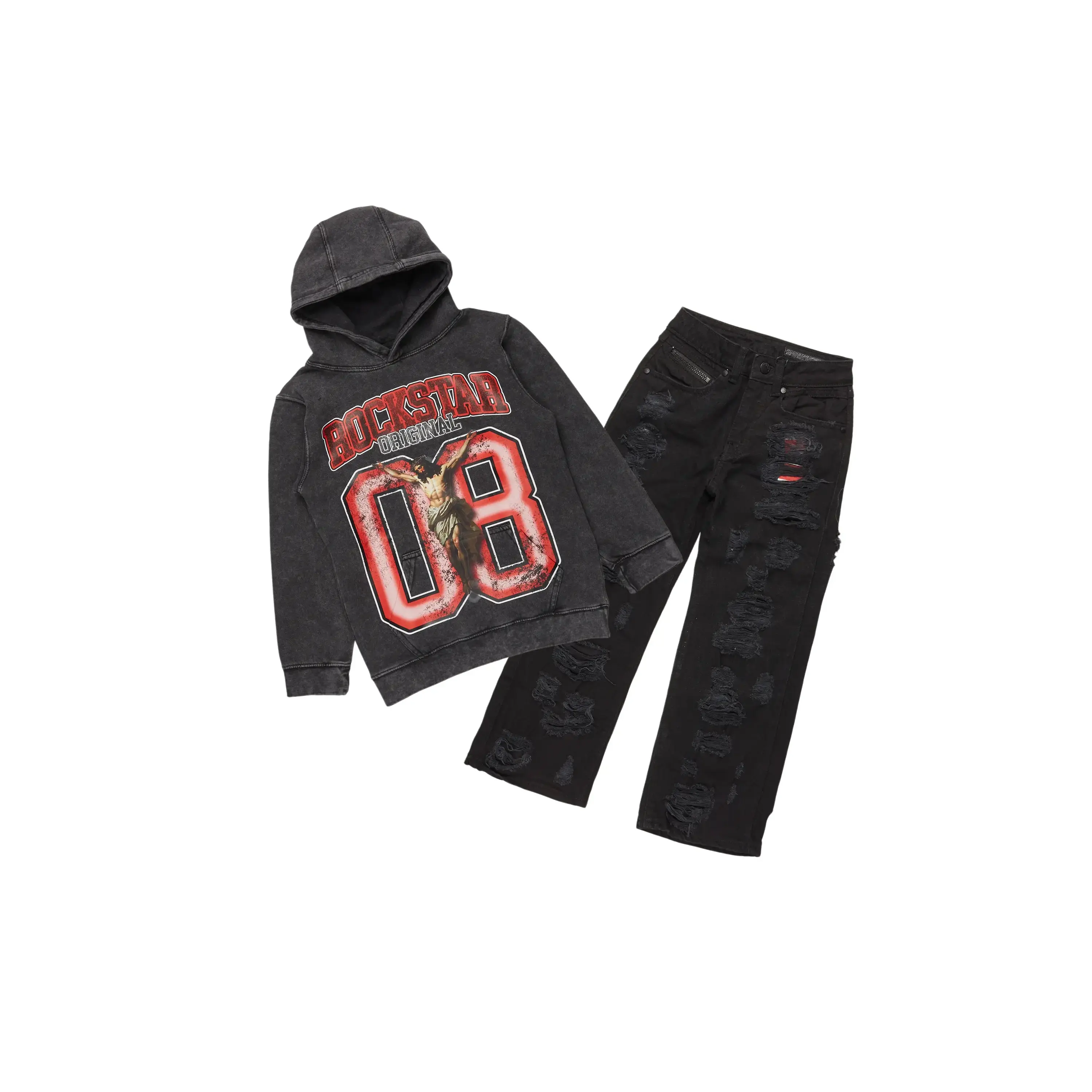 Boys Fields Vintage Black/Red Hoodie/Baggy Fit Jean Set