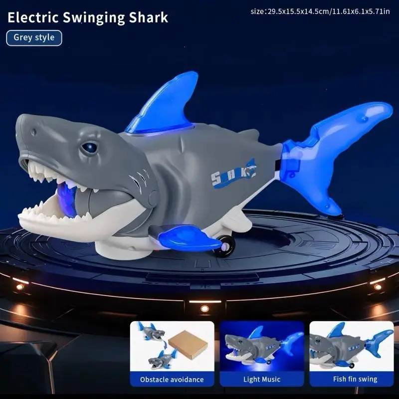 Small Electric Swinging Shark Toy 8.85*4*4 inches with Music Light Shakeable Head Tail Open Mouth Obstacle Avoiding Fun Novelty Animal Gift for Kids
