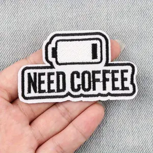 2pcs "Need Coffee" Humorous Unique Embroidery Patch, Black & White, Casual Style - Easy Iron-On DIY Applique for Clothing Accessories