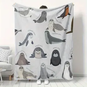 [Cozy Flannel Blanket] Soft Cozy Plush Flannel Blanket | Adorable Seal Illustrations, Contemporary Geometric Design Perfect for All Seasons, Gift Blanket, Playful Design, Detailed Illustrations