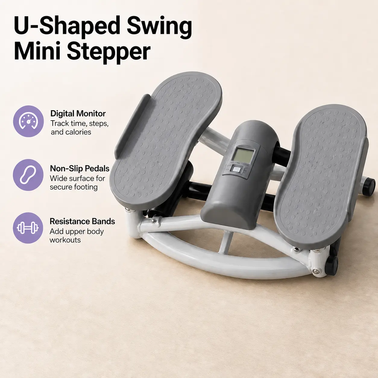 U-Shape Swing Stepper with Resistance Ropes, Compact Home Mini Exercise Machine with Digital Display for Indoor Workouts