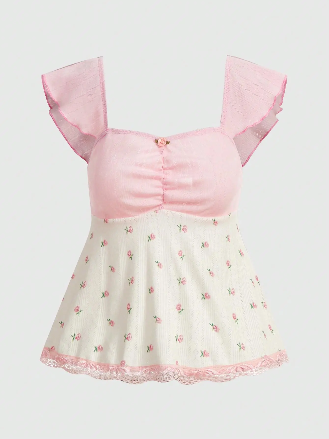 ROMWE Kawaii Floral Print Tee, Ruched Bust Lace Trim Top, Cute Vintage Short Sleeve Shirt, Soft Casual Aesthetic Blouse