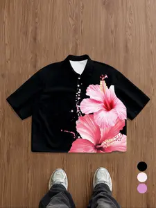 Men's Short Sleeve Shirt with Lotus Flower Print, Button Front Collar Design, Regular Fit Summer Style Casual Wear
