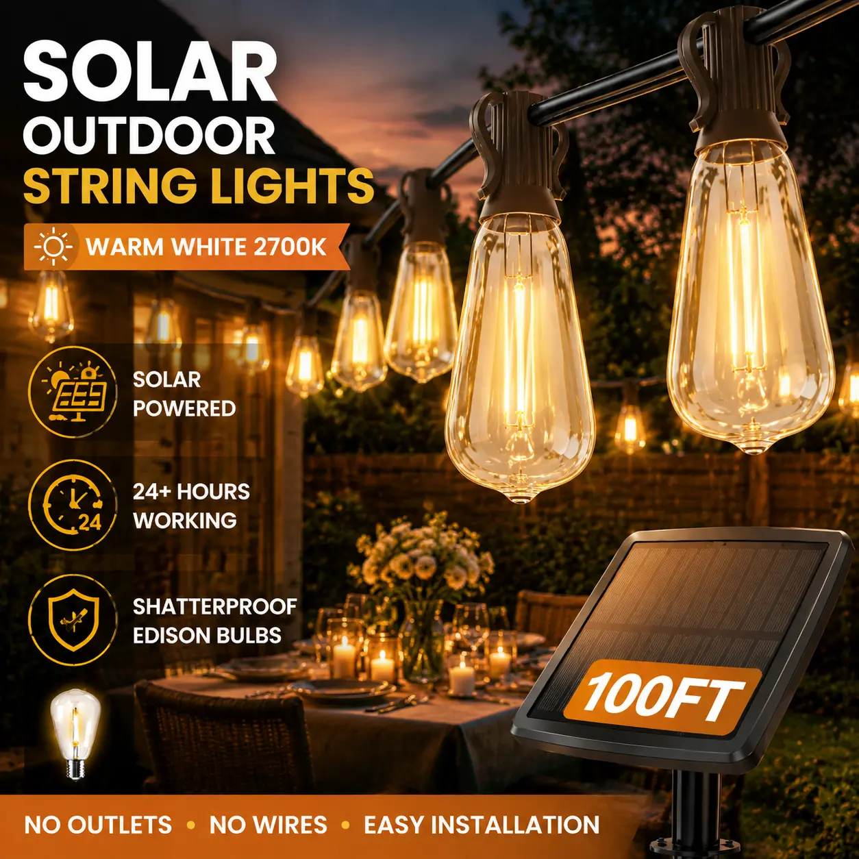 DAYBETTER Solar Outdoor String Lights 50FT-150FT, Waterproof Shatterproof ST38 Edison Bulbs, 2700K Warm White Patio Lights for Backyard, Garden, Porch & Party Decor
