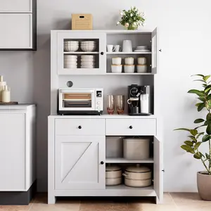 【GARVEE】Kitchen Pantry Cabinet with Microwave Stand, Freestanding Hutch with Drawers, Doors & Adjustable Shelves, Buffet Cabinet with Storage, Food Pantry for Kitchen, Dining Room, White