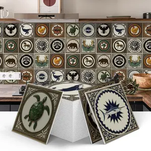 12/24pcs Bohemian Style Ceramic Tile Wall Sticker,Removable Stickers,Waterproof And Oil Resistant Sticker,Self-Adhesive Detachable Sticker,Suitable For Kitchen, Bathroom, Living Room Home Decoration Background Stickers