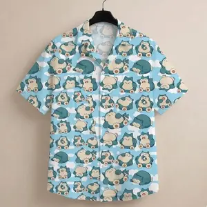 Snorlax Hawaiian Shirt, PKM Anime Button Up, Cute Tropical Summer Beach Shirt, Gift for Men Women