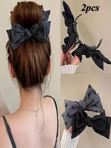 Elegant Bow Claw Clip 2-Pack, Strong Grip Fabric Hair Claw for Women, Non-Slip Rectangular Hair Clip for High Bun & Ponytail