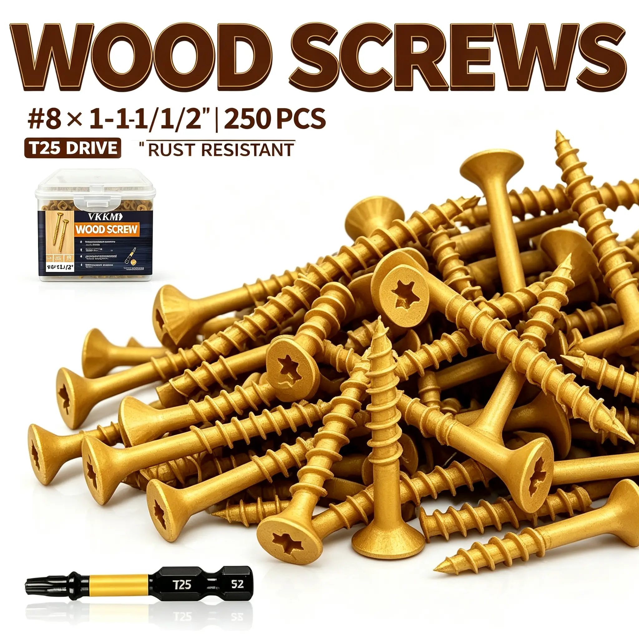 VKKM 250 Pack #8 x 1-1/2" Exterior Deck Screws, Rust Resistant Carbon Steel Flat Head T25 Star Drive Self-Tapping Wood Screws, Free T25 Bit Included for Outdoor Decking, Fencing & Treated Lumber