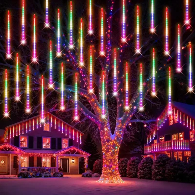 PEMOTech Multicolor Transparent Raindrop Meteor Shower Lights, 24-Tube (Equivalent to 3 Sets of 8-Tube) 576 LED Waterproof Icicle Lights, UL Plug for Halloween Party, Christmas Tree Decoration
