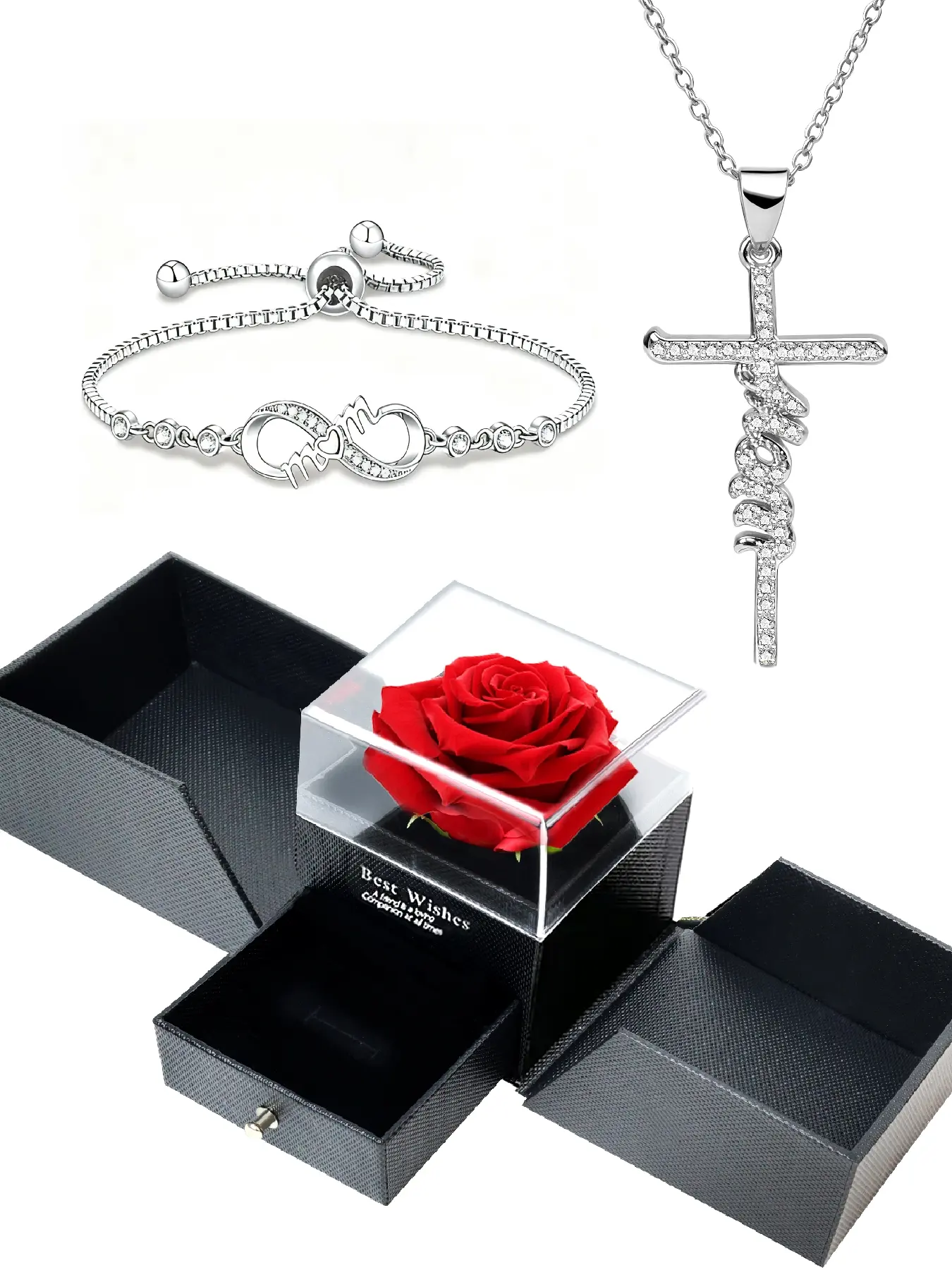 Exquisite rose gift box for Christian moms, infinity love bracelet paired with a cross necklace, warrior of faith, Mother's Day and birthday jewelry gift, family necklace from daughter or son, a gift for mom