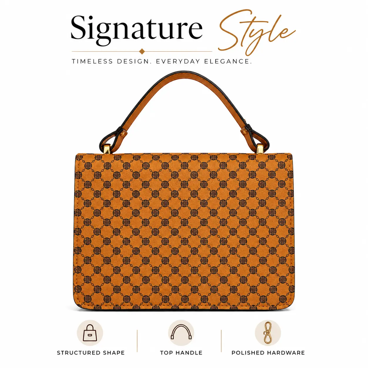 Women’s Caramel Brown Geometric Print PU Leather Top Handle Handbag - Small Structured Lightweight Satchel Purse with Gold-Tone Hardware, Elegant Fashion Bag for Work & Dates, Pu Leather Bag, Top Handle Bag