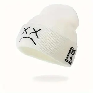 Unisex Sad Face Embroidered Winter Beanies, Warm Cuffed Hip Hop Knit Skull Hat, Soft Machine-Washable Fabric, Black & White Cold-Weather Sports & Outdoor Accessory