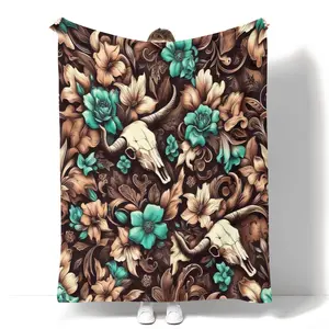 Soft Cozy Vintage Floral & Bull Skull Flannel Throw Blanket Reversible Design for All Seasons - Perfect Gift for Family and Friends