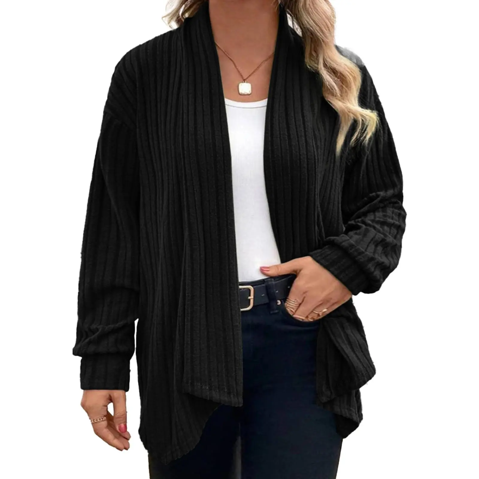 Eytino Womens Plus Size Cardigans Long Sleeve Asymmetrical Knit Open Front Lightweight Cardigan Outwear(1X-5X)