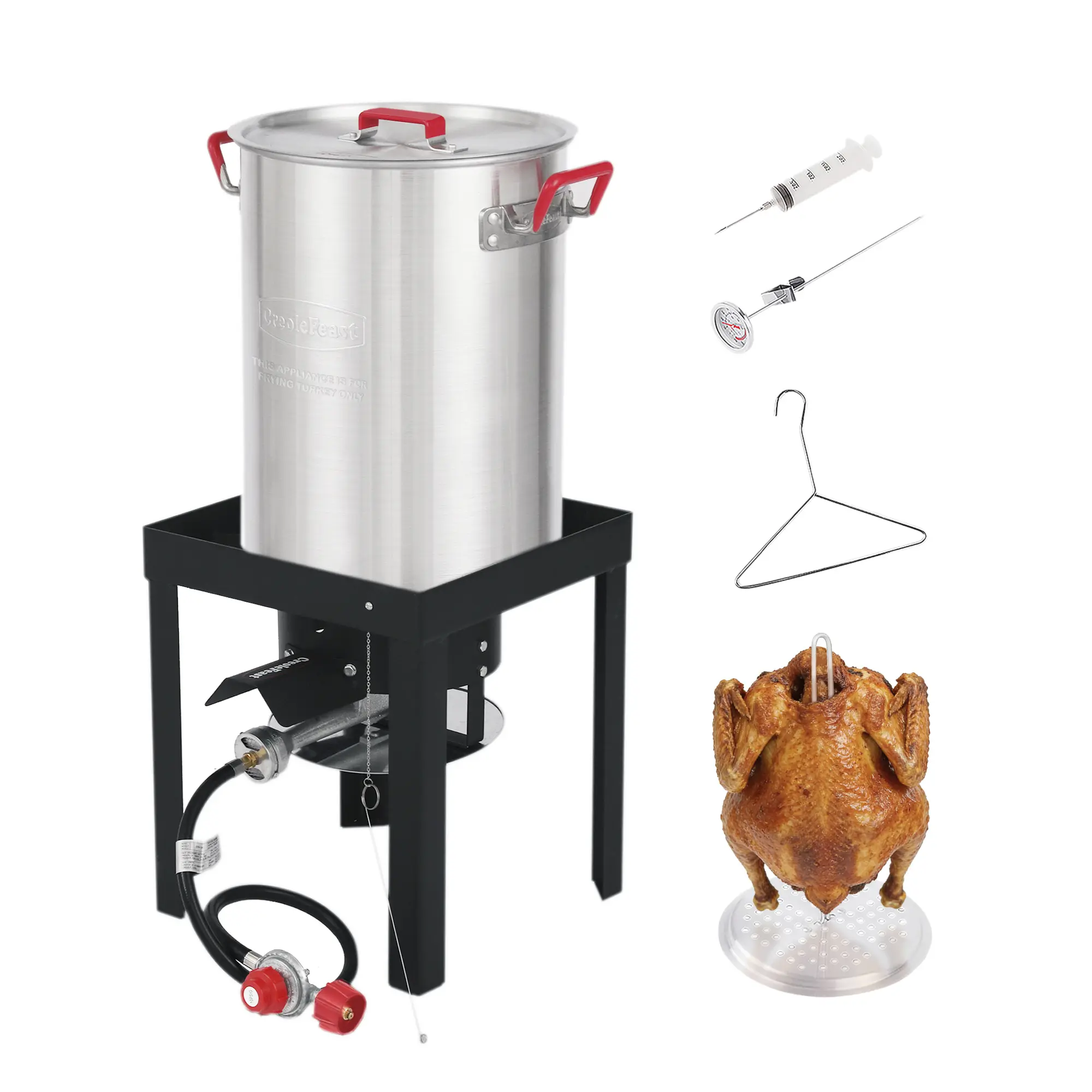 Creole Feast TFS3000L 30 Qt. Turkey Fryer Set, 50,000 BTU Propane Fryer with Thermometer, Turkey Rack, Injector & Lifting Hook, Complete Aluminum Outdoor Cooker for Thanksgiving Cookware Pots