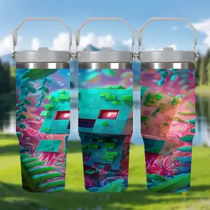 1pc 30oz Stainless Steel Insulated Mug, "Pixel Fantasy | Minecraft Player's Exclusive Cool Portable Water Bottle", with handle and straw, car mug, suitable for various occasions, personalized gift for birthdays/holidays