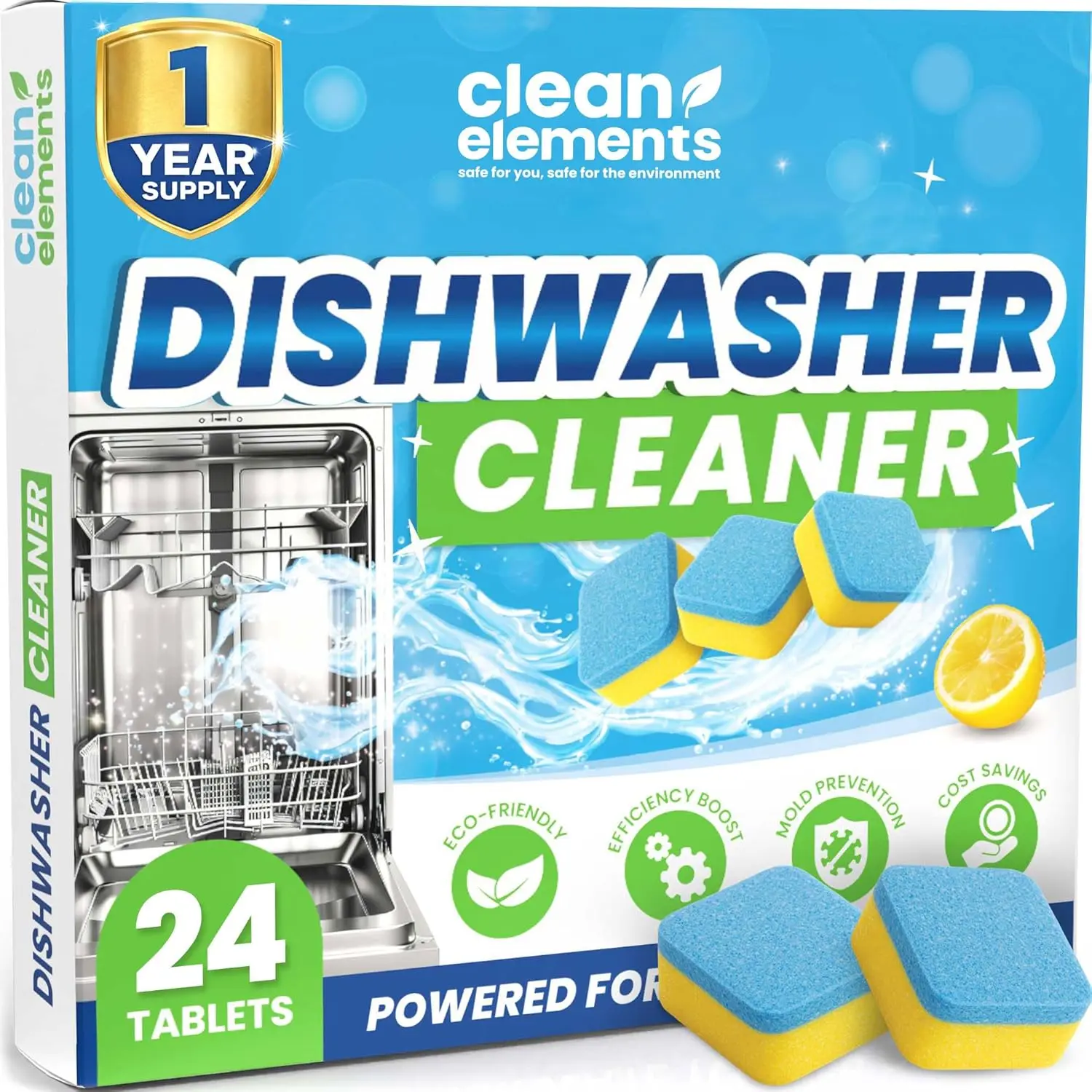 Citrus Household Scented Fresh Dishwasher Cleaner & Deodorizer Solid Pods (24 Tablets, 12-Month Supply) - Monthly Dose Deep Cleanser with Descaling Power, Removes Limescale, Hard Water, Calcium, Grease, Septic-Safe Heavy-Duty for Regular Upkeep