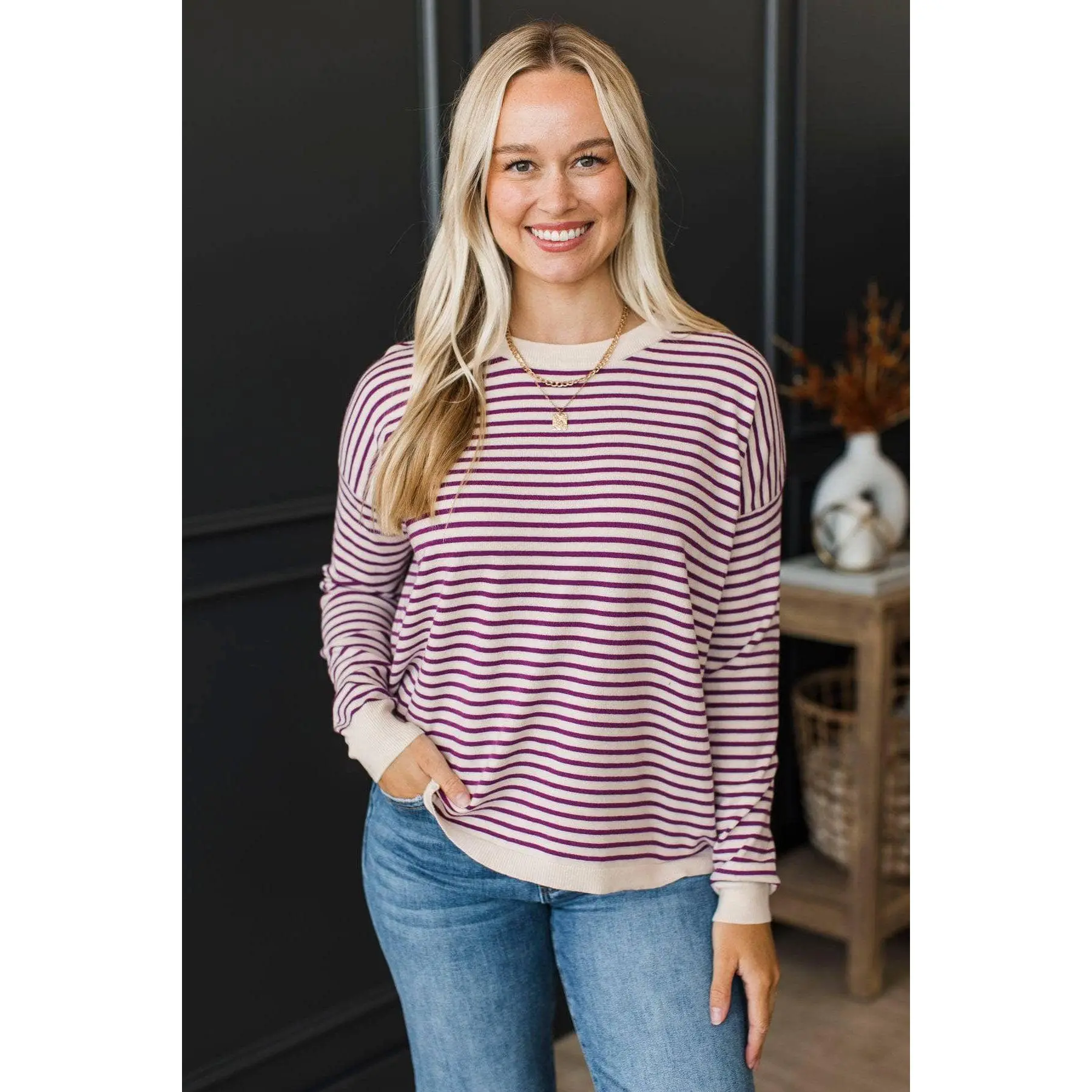 Big Statements Striped Knit Sweater- Ivory & Magenta