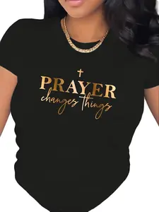 Black Casual PRAYER T-Shirt - Slim-Fitting Crew Neck Short Sleeve 100% Cotton Summer Staple for Daily Wear