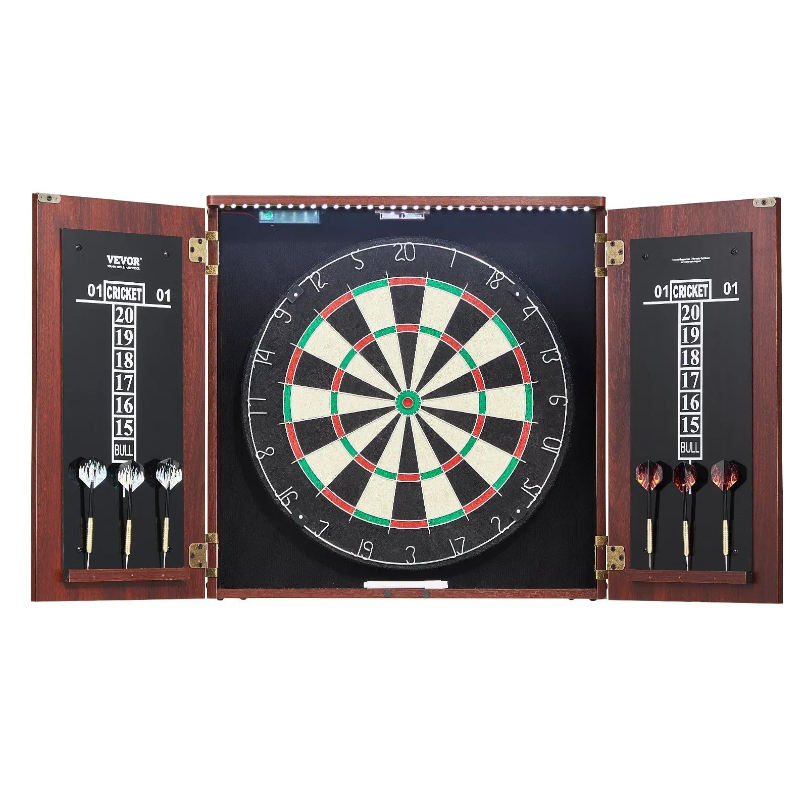 VEVOR Official Size Dartboard & Cabinet Set with Steel-Tip Darts, Integrated LED Lights, Retro Look, Woodgrain Finish, Dust-Proof Design Complete Accessory Kit for Living Room, Vintage Charm