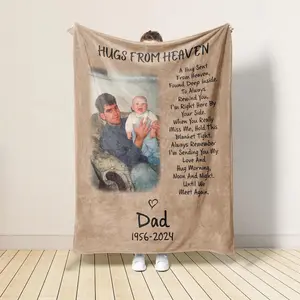 Personalized Dad Memorial Blanket with Photo - Custom Hugs from Heaven Sympathy Gift for Loss of Father - Remembrance Photo Throw Blanket - Bereavement & Condolence Gift for Family Summervibes