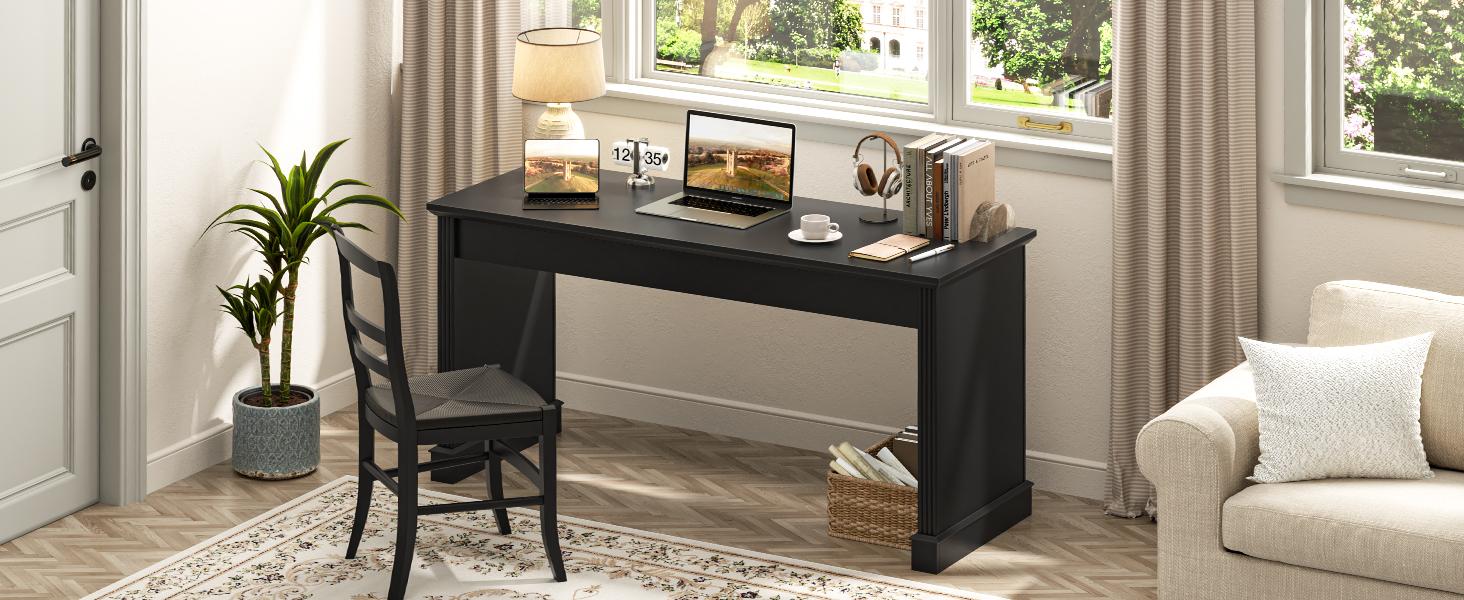 Vabches Farmhouse 59" Executive Simple Sturdy Computer Desk,Spacious Workstation for Home Office, Remote Work & Study,Pure Black