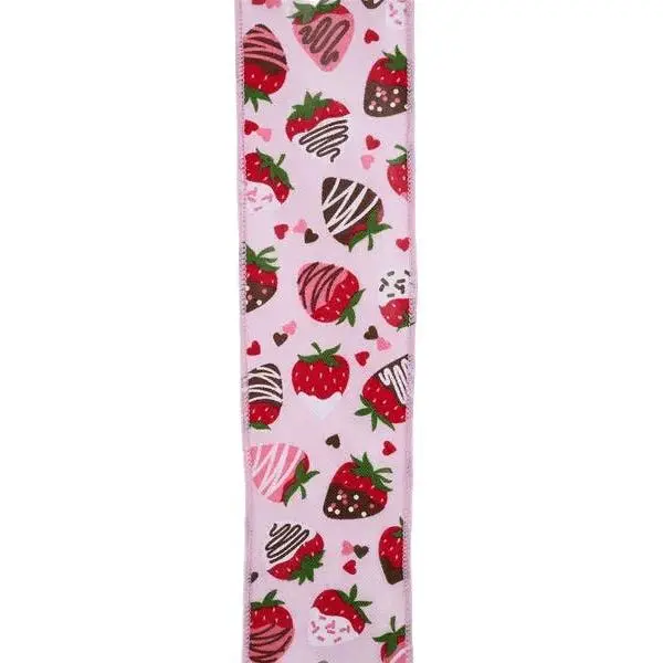 2.5" x 10yd Chocolate Covered Strawberries Ribbon – Pale Pink/Multi