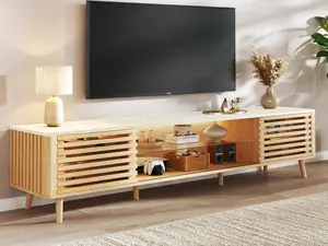 TV Stand for 55/65/75 Inch TV, Faux Marble Top Entertainment Center with Slatied Sliding Door & LED Lights, Mid Century Modern Style, Low TV Console with Glass Shelves for Bedroom