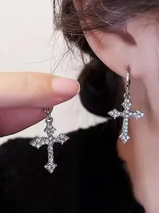 Micro Inlaid Zircon Cross Design Dangle Earrings, Fashionable Jewelry for Women & Girls, Trendy All-Match & Exquisite Jewelry for Birthday Gift