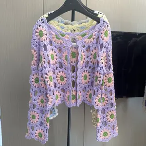 MIAO Women's Handknitted Sweater Wool  Outfits 3D  Flowers Cozy Crochet Cardigan  Fashionable Hollow  Knitwear Handmade Womenswear