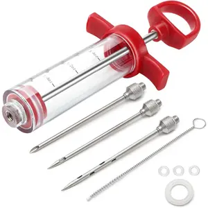 Meat Injector, 1-oz Plastic BBQ Marinade Injector Kit, Turkey Injector  (3 Stainless Steel Meat  +3 Replacement O Rings + 1 Cleaning Brush) for Turkey Smoked BBQ