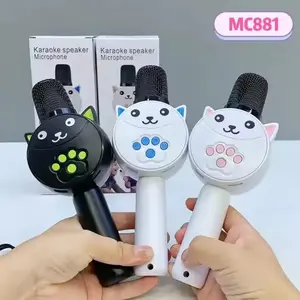 Cute cat children's portable karaoke microphone with wireless Bluetooth and voice-changing function, suitable for family entertainment use.