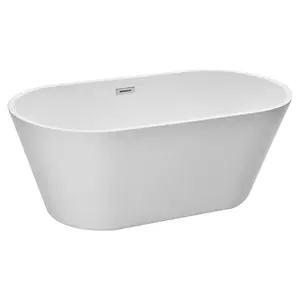 Acrylic Freestanding Bathtub 59-Inch Contemporary White Soaking Tub With Brushed Nickel Overflow And Drain, Oval Standalone Soaker Bath For Modern Bathrooms Or Remodeling Projects Now